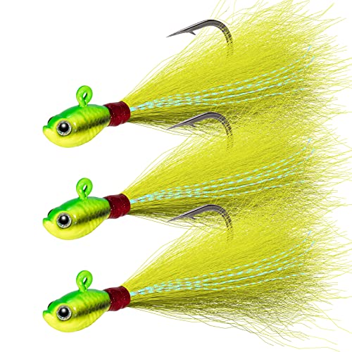 Dr.Fish 3 Pack Bucktail Jig Lure Hair Jig Saltwater Freshwater Lures Surf Fishing Bass Flounder Striper Bluefish Halibut Redfish - color: Chartreuse (Pack of 3), size: 1/2 oz