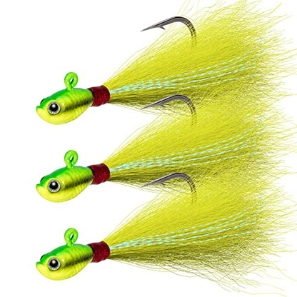 Dr.Fish 3 Pack Bucktail Jig Lure Hair Jig Saltwater Freshwater Lures Surf Fishing Bass Flounder Striper Bluefish Halibut Redfish - color: Chartreuse (Pack of 3), size: 2 oz