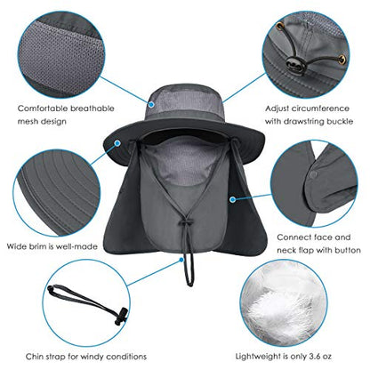 IYEBRAO Mens Outdoor Sun Hat with Face Neck Flap UV Protection Wide Brim Fishing Hat for Hiking Safari Gardening UPF 50+ - color: 2 Pack-dark Gray＆army Green