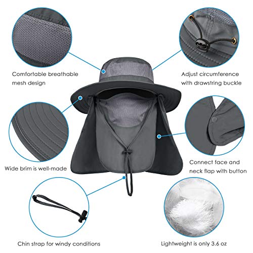 IYEBRAO Mens Outdoor Sun Hat with Face Neck Flap UV Protection Wide Brim Fishing Hat for Hiking Safari Gardening UPF 50+ - color: Dark Gray
