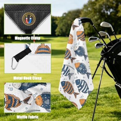 Fish Bubbles White Print Magnetic Golf Towel for Golf Bags Microfiber Golf Accessories for Women Men with Carabiner Clip Attaches to Clubs and Carts, 17.7"x17.7"