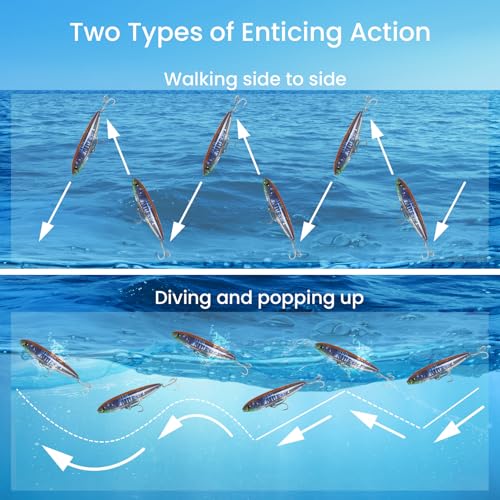 Pristis 3 pcs Topwater Fishing Plopper Lures, Floating Popper Bait Set with Chemically Sharpened Hooks for Saltwater Freshwater, Top Water Plopping Swimbait Teaser for Bass Tuna Perch Pike Crappie - color: Iridescent Luster Pencil Poppers