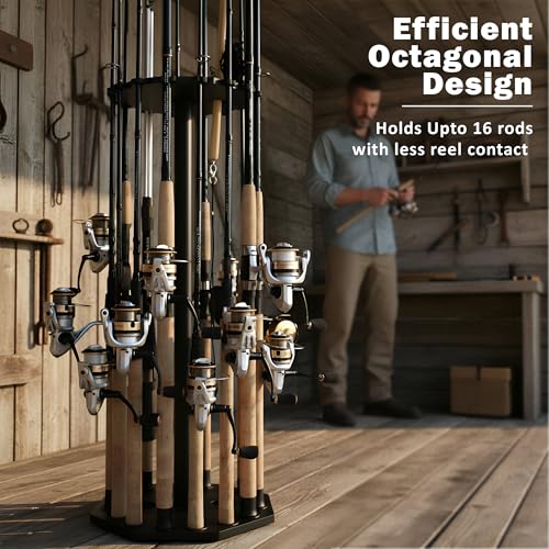 Rush Creek Creations 16-Rod Round Fishing Rod Holder for Garage, 360° Access Fishing Pole Holder for Fishing Rods, Reels, Gear, and Accessories, Securely Holds 16 Rods, Gray - color: Gray