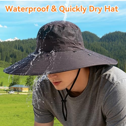 Super Wide Brim Fishing Hat UPF 50+ Sun Safari Hat with Removable Neck Face Flap - color: Dark Grey