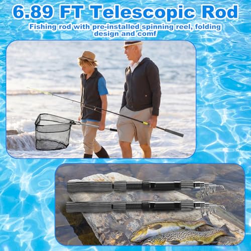 51 Pcs Fishing Rods Combo 6.89ft Telescopic Freshwater Pole Set with Plier Lip Gripper Lures Carrier Bag Pre Loaded Spinning Reel with Freshwater Rod Reel Kit Father Men Gift - color: Brown