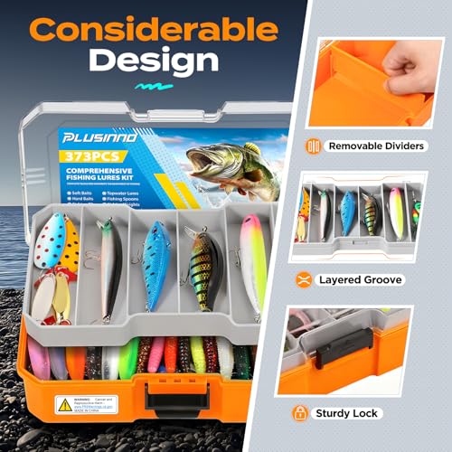 PLUSINNO Fishing Lures Tackle Box Gear Kit with Tackle Included, 373 PCS | Waterproof, Compact & Customizable, for Bass Trout, Freshwater Topwater, 16 Rigs, Fishing Gifts for Men Starter - color: Orange 373 PCS Lures Box