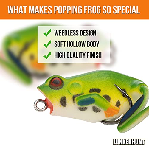 Lunkerhunt Frog Fishing Lure for Bass Fishing | Popping Frog Lure 1/4 oz | Topwater Fishing Bait with Weedless Hooks, Hollow Body, Trout Pike Lures - color: Tree Frog, size: 1.75 inch