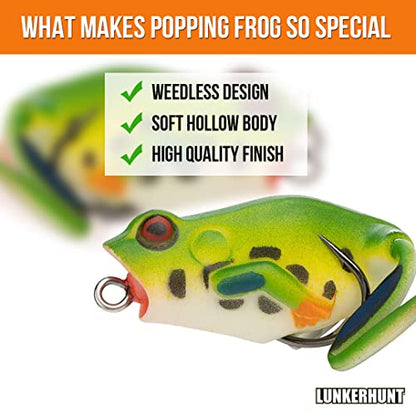 Lunkerhunt Frog Fishing Lure for Bass Fishing | Popping Frog Lure 1/4 oz | Topwater Fishing Bait with Weedless Hooks, Hollow Body, Trout Pike Lures - color: Tree Frog, size: 1.75 inch