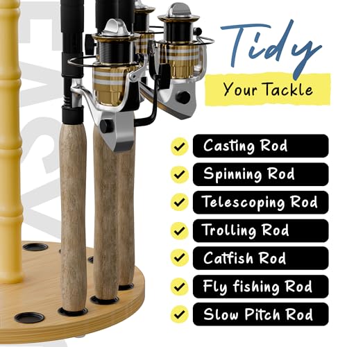 Rush Creek Creations Round 16 Fishing Rod Storage Rack - Features Traditional Handcrafted Wood Post - No Tool Assembly, Wood Grain Laminate - color: Light Wood Grain