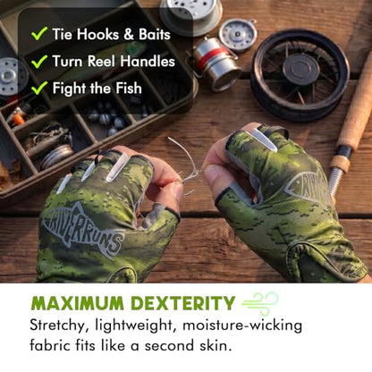 Riverruns SwiftShield Fishing Gloves Shortened Wrist UPF50+ Sun Gloves Fingerless Lightweight Breathable Hiking Driving Kayaking Paddling - color: CamoGreen, size: Large