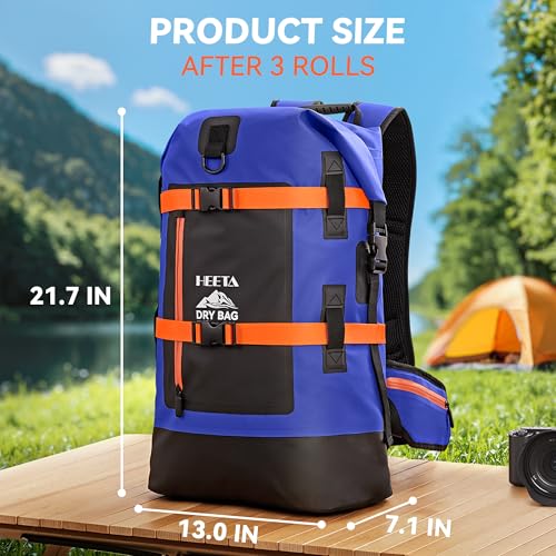 HEETA Dry Bags Waterproof Backpack 40L for Men & Women, Roll Top Heavy Duty Cushioned Hiking Backpack for Kayaking Boating Paddle Boarding Fishing Travel Camping Beach Vacation Cruise Ship Essentials - color: Blue