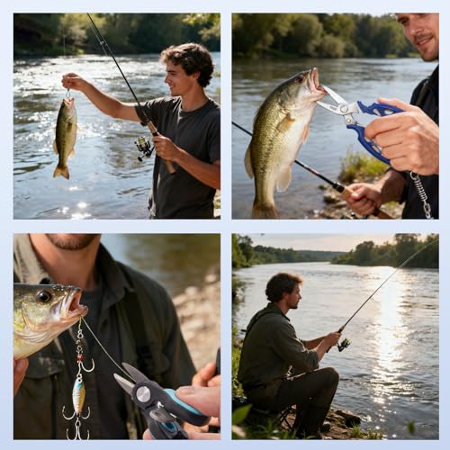 4pc Fishing Tool Kit, Fishing Serrated Scissors , Multifunctional Pliers, Lip Gripper,Retractable lanyard, Resistant Saltwater Accessories & Equipment, for Hook Remover, Inshore & Nearshore