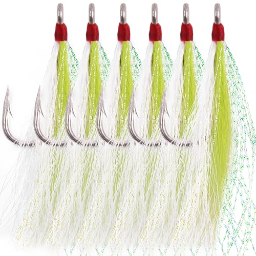 Bucktail Teasers Fishing Hooks Saltwater Flounder Rig Bucktail Mylar Teasers Inserted Stainless Steel Fishing Teaser Hooks for Striped Bass Trout Catfish Cod Flounder Hi/Lo Rig Jigs Spoons Lures - color: Green, size: 6pcs