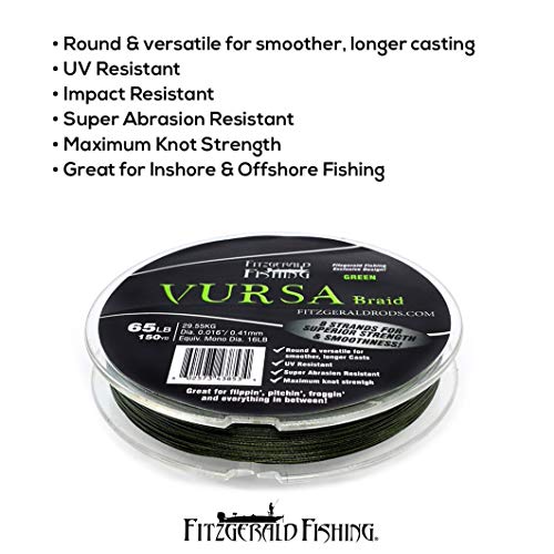 Fitzgerald Vursa Braided Green Professional Graded Power Fishing Line 150/300/1500 Yd, Smooth 8 Strands, Extremely Thin, Heavy Duty, Superior Knot Strength, Longer Casting, Fade Resistant, 10-80 Lb - size: 150yd