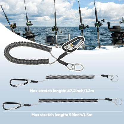 6 Pack Fishing Coiled Lanyard, Retractable Tool Lanyards for Hand Tools Keychain Pole Tether, Kayak Paddle Leash Fishing Rod Safety Steel Wire Lanyards Gear with Carabiner Clips for Pliers Boating