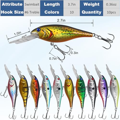 Crankbait Fishing Lures Hard Bait Shallow Diving Crank Bait Lifelike Swimbait Lures for Bass Trout Walleye Pike Freshwater Saltwater Fishing Lure - color: A-10pcs-3.7in/0.36oz