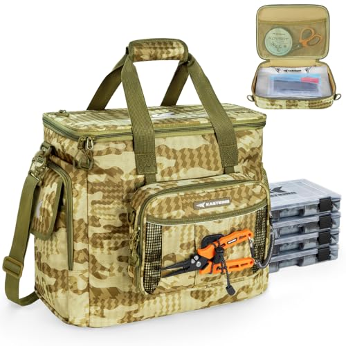 KastKing BaitSpace Fishing Tackle Bag With 4 Tackle Boxes & Removable Bait Binder, Water-Resistant Tackle Storage, Durable Fishing Gear, Adjustable Shoulder Strap - color: E: Khaki Camo, size: Large - 4*3600 Trays