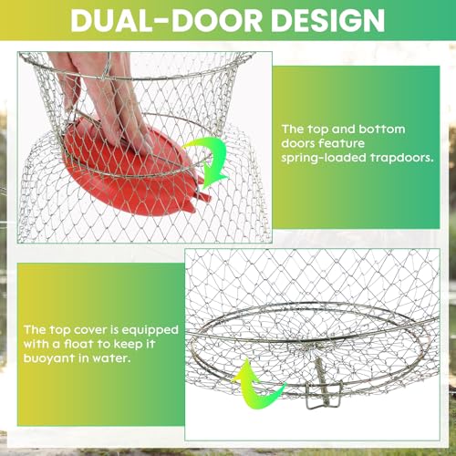 2 Pack Floatable Galvanized Steel Wire Fish Baskets, Collapsible Caget for Live Caught Fish, Portable Fishing Basket Wire Fishing Net Cage