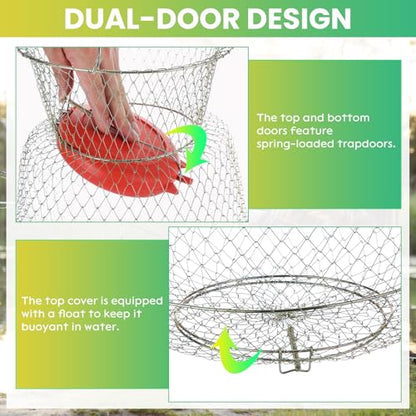 2 Pack Floatable Galvanized Steel Wire Fish Baskets, Collapsible Caget for Live Caught Fish, Portable Fishing Basket Wire Fishing Net Cage
