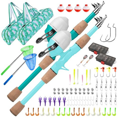 Kids Fishing Pole, Portable Telescopic Kids Fishing Poles for Boys Girls Youth, Fishing Rod and Reel Combo - color: Turquoise+Mint Blue