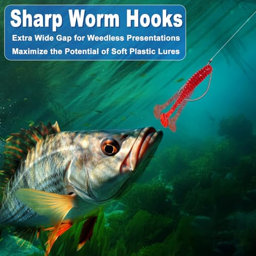 210 Pcs Fishing Hooks, Worm Hooks for Bass Fishing, Ewg Hooks for Soft Plastic Baits in Saltwater or Freshwater #8#6#4#2#1 1/0 2/0 3/0 4/0 5/0