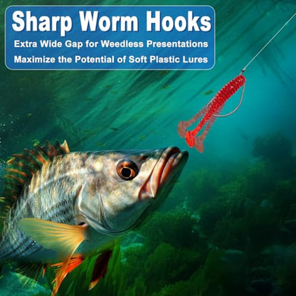 210 Pcs Fishing Hooks, Worm Hooks for Bass Fishing, Ewg Hooks for Soft Plastic Baits in Saltwater or Freshwater #8#6#4#2#1 1/0 2/0 3/0 4/0 5/0