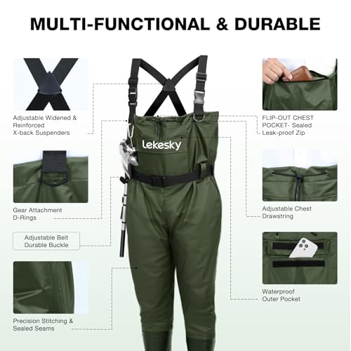 Lekesky Fly Fishing Chest Waders with Boots for Men Women, US Sizes 5–14,2-Ply Nylon/Pvc Waterproof Waders - color: Green, size: M6/W8