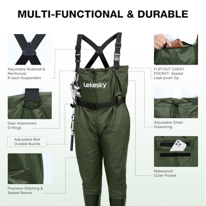 Lekesky Fly Fishing Chest Waders with Boots for Men Women, US Sizes 5–14,2-Ply Nylon/Pvc Waterproof Waders - color: Green, size: M9/W11