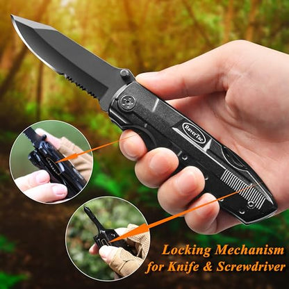 RoverTac Pocket Knife, 15-in-1 Multitool with Pliers, Bottle & Can Opener, 9 Screwdriver Bits, Locking Mechanism & Nylon Sheath - EDC Multi Tool for Camping, Hiking & DIY, Gift for Men & Dad - style: Multi-Knife Pliers