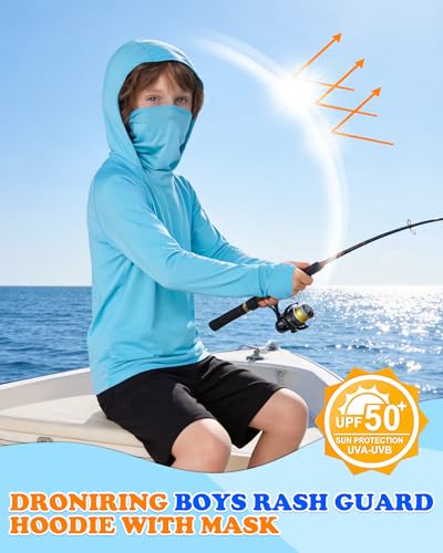 Boys Hooded Fishing Shirt with Mask, Kids UPF 50+ Long Sleeve Rash Guard Hoodie, Sun Protection Beach Swim Shirts - color: Light Blue, size: Small