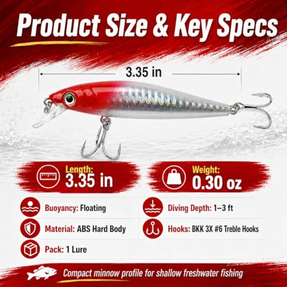 Floating Minnow Fishing Lure, 3.35in 0.30oz ABS Hard Bait with BKK 3X Size 6 Treble Hooks, Weight Transfer Rattle, 1-3ft Shallow Diving Lure for Bass Trout Walleye, Boxed - color: B2-1PCS/0.3OZ-3.35"