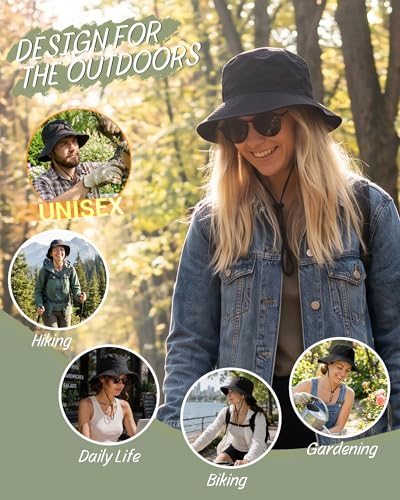 Water-Resistant Sun UPF 50+ Bucket Hat Protection Packable Brimmed Boonie for Women Men Summer Lightweight Hiking Outdoor Cap - color: Black