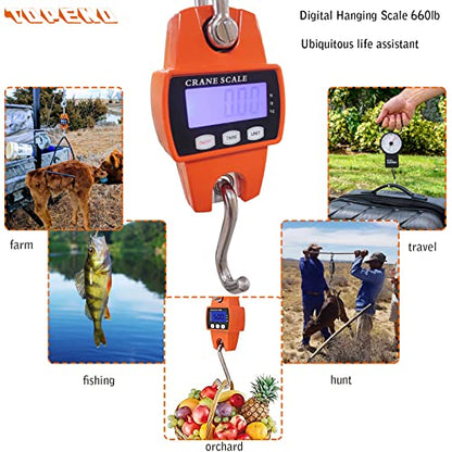 Hanging Weight Scale 660lb - Digital Hanging Scale 660lb with Cast Aluminum Case Handheld 300Kg Mini Crane Scale Fit for Farm Hunting Fishing Outdoor (with Accurate Sensors, LED, Hooks)