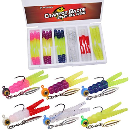 Crappie Jigs and Lures Kit -135 & 40 Piece Set with Plastics, Jig Heads, Split-Tail Grub Baits - Perfect for Crappie Fishing, Panfish Lures - color: Split-Tail Grub 40 pc. KIT Combo 1