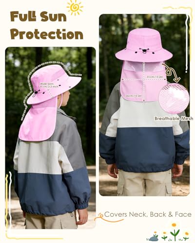 Century Star Kids Sun Hat with Detachable Neck Flap,UPF 50+ Windproof Waterproof Beach Bucket Hat Outdoor Fishing Safari - color: Light Purple