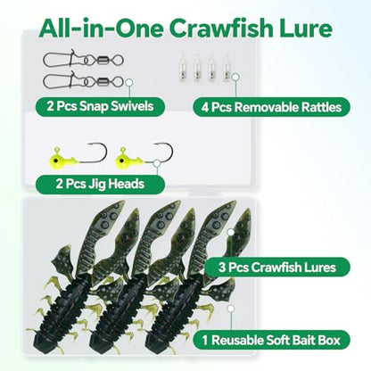 Crawfish Lure 5.5", Soft Plastic Crawdad Creature Bait with Rattles, Weedless Bass Fishing Lure, Realistic Fishing Lures for Freshwater & Saltwater, 3 Pack Red Green Blue - color: Green (box)