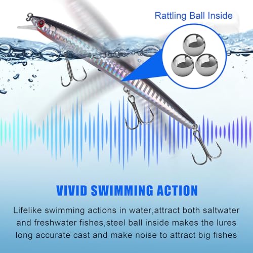 Saltwater Fishing Lures Kit, 6pcs Surf Fishing Sriper Lures Minnow Lures Deep Diving Jerkbait Crankbait Popper Plugs Hard Baits with Treble Hooks for Inshore Offshore Ocean Deep Sea Fishing