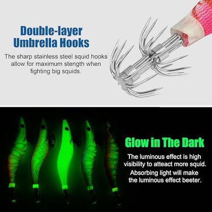 Glow Squid Jig Saltwater Squid Lures, 5/10pcs Luminous Squid Jig Hooks Shrimp Prawn Lures Fluorescent Cuttlefish Sleeve Octopus Jigs Artificial Baits Night Fishing Tackle Size 2.5# 3# 3.5# - size: 3.5#-10pcs