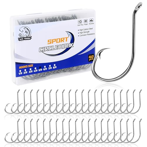 UCEC Circle Hooks Fishing Hooks 2X Strong Offset Circle Hooks Saltwater Black High Carbon Steel Octopus Catfish Hooks Fishing Gear Tackle 150pcs/ 240pcs - Size:#1 1/0 2/0 3/0 4/0 5/0 6/0 8/0 - color: Silver One Size, size: 40pcs, 1/0
