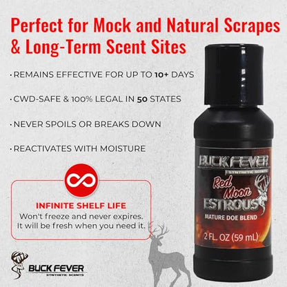 Buck Fever Red Moon Estrous – Synthetically Formulated Deer Liquid Attractant – Non-Spoiling, Sweet Synthetic Buck Attractant Scent – Moisture Reactivated Mature Rutting Buck Scent - size: 2oz (12-pack)