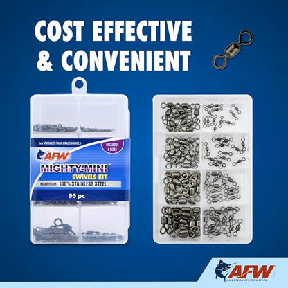 American Fishing Wire Fishing Swivels - Mighty Mini 100% Stainless Steel Snap Crane Swivels, 3X Stronger Than Brass, For Terminal Tackle Box, Up to 600lb Test - Fishing Gear for Fishing Line Leaders - style: Mighty-Mini Stainless Steel Swivels Kit
