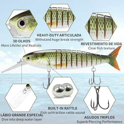 TRUSCEND Swimmax Easy Catch Fishing Lures with BKK Hooks, Wiggling, Vibrating, Rattling and Gurgling for More Bite, Heavy-Duty Dyneema Fiber Jointed Swimbaits for Bass, Trout, Walleye, Crappie, Pike - color: H-9.5",5.6oz