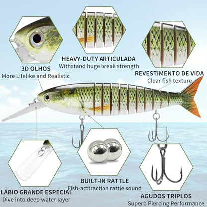 TRUSCEND Swimmax Easy Catch Fishing Lures with BKK Hooks, Wiggling, Vibrating, Rattling and Gurgling for More Bite, Heavy-Duty Dyneema Fiber Jointed Swimbaits for Bass, Trout, Walleye, Crappie, Pike - color: H-9.5",5.6oz