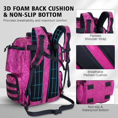 Goture Fishing Backpack with 4 Tackle Boxes,900D Water-Resistant Tackle Backpack with Rod Holders,45L Large Fishing Bag Storage Gear Tackle Bag with Rain Cover,Bottle Holder for Travel Camping Hiking - color: A3:bling Pink With 4 Tackle Boxes