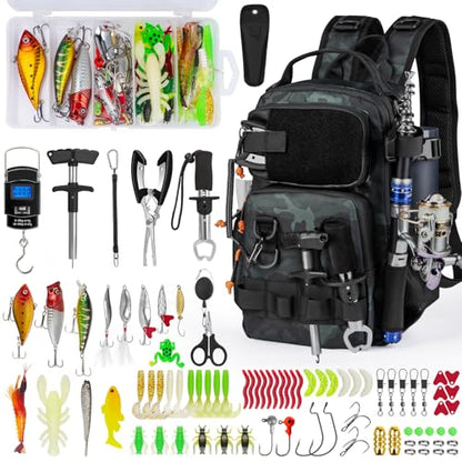 THKFISH Fishing Backpack with Rod Holder, Fishing Tool Kit, Water-Resistant Bag With Fishing Lures Kit, Fishing Tackle Box and Pliers Set for Men Women (Black Camo-87pcs) - color: Camo-87pcs