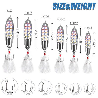 5 Pcs Fishing Spoon Lures Kit - Casting Master Spoon Metal Jig Trout Lures for Saltwater Freshwater, Reflective Spoons Bait with Treble Hooks Fishing Tackle 1/5 OZ - 1 OZ - size: 1 oz ( 5 pcs/1 box)