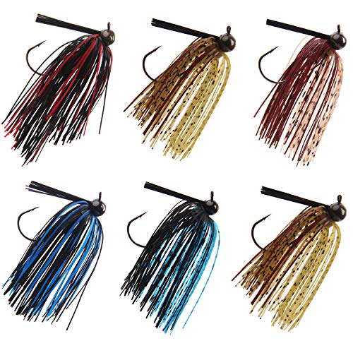 Bass Football Jigs Set-6pcs Weedless Jig Swim Jigs for Bass Fishing Jig Head Silicone Skirts Weedguard System Fishing Lure Kit 1/4oz,3/8oz - size: 6packs-1/4oz