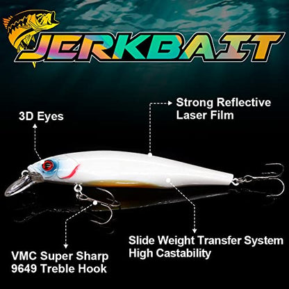 XFISHMAN Jerkbait Kit - Minnow Lure - Suspending - Bass, Smallmouth Bass, Walleye, Largemouth Bass - 1 Piece - color: Ghost-Pearl, size: 110mm（4-3/8"in）