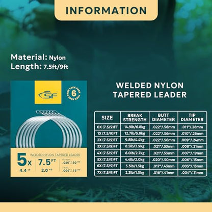 SF Pre-Tied Loop Fly Fishing Tapered Leader Nylon Clear Trout Freshwater Saltwater Bonefish Permit Bass Salmon Steelhead 7.5FT 9FT 10FT 12FT 15FT 0X 1X 2X 3X 4X 5X 6X 7X - size: 7.5FT-5X, style: Freshwater Weled Loop 6-pack