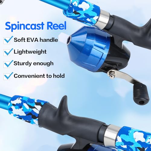 Collapsible Telescopic Fishing Rod and Reel Combo Push Button Small Fishing Pole Kit Beginner Youth Boys Fishing Starter Set Tackle - color: Camo Blue, size: 4.92FT